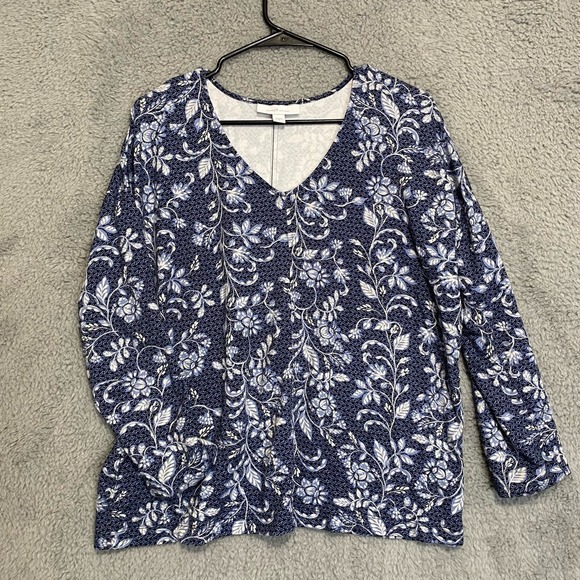J jill Pure Jill eco terry top floral blue Lenzing blend soft casual stretch M - Picture 5 of 12